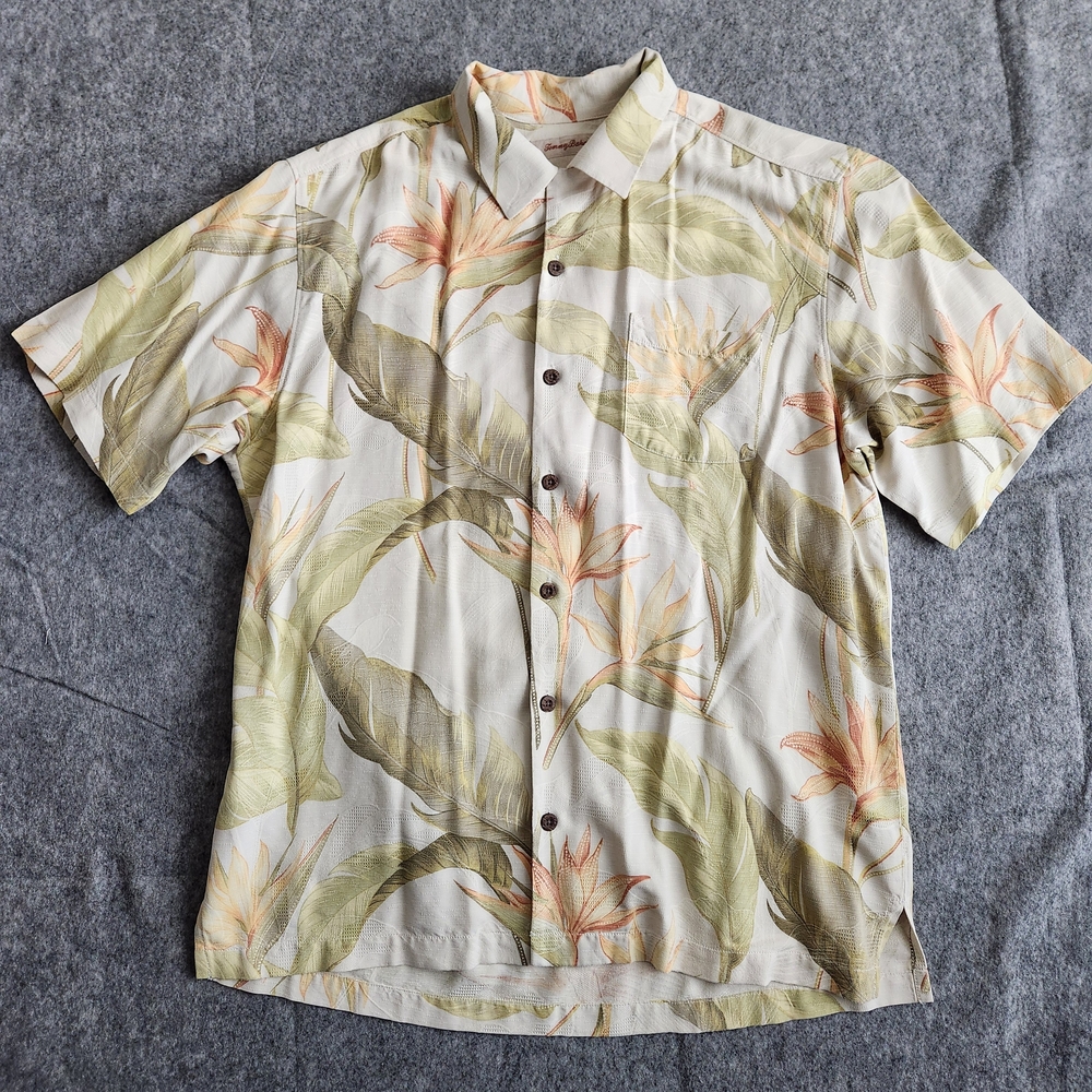 Tommy Bahama 100% Silk Hawaiian Shirt Men's M Beige Tropical Bird of Paradise